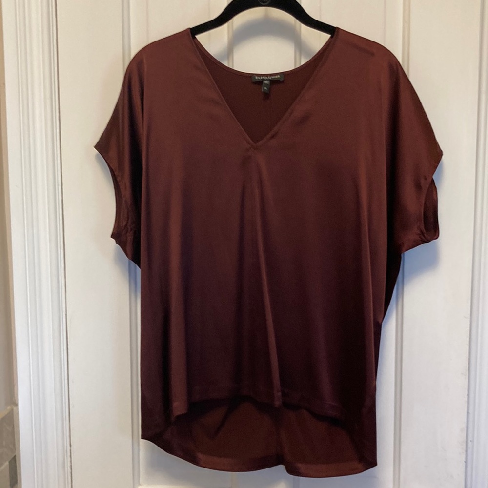 Eileen Fisher 95% silk burgundy cap sleeve shirt
